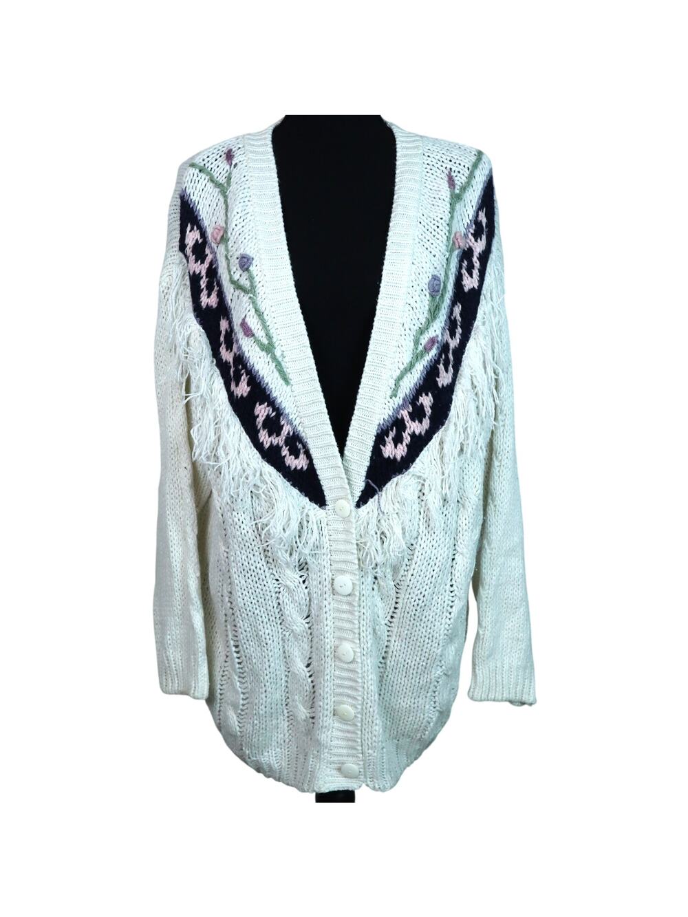 Vintage 80s 90s Knit Cardigan Sweater Floral Embroidered Fringe Off White Cream